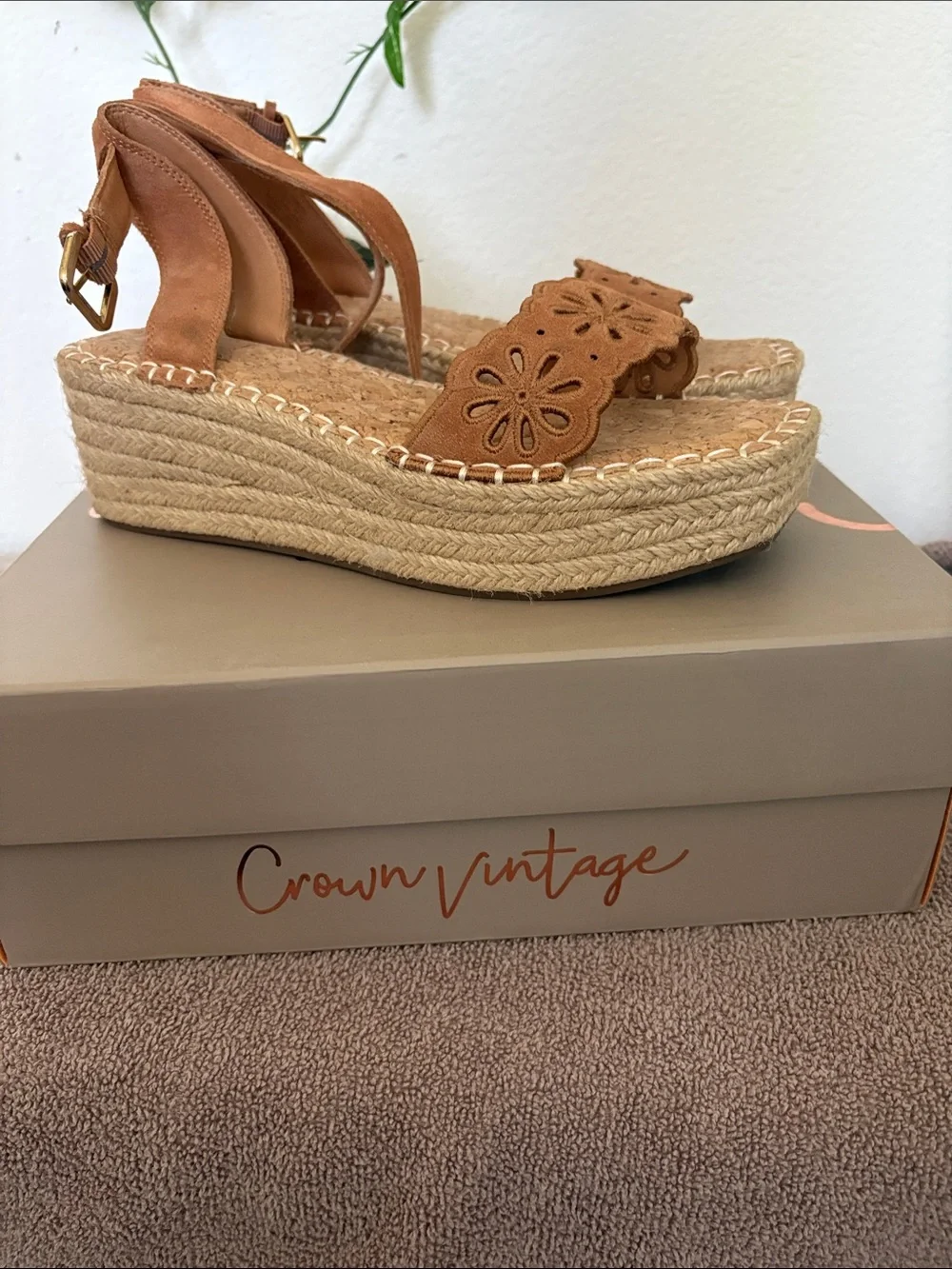 Crown Vintage Tan Floral Cutout Espadrille Wedge Sandals